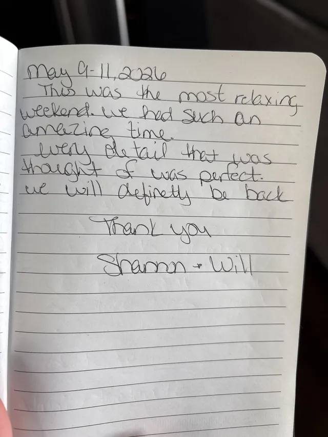 Handwritten guest journal page: May 9-11, 2026 This was the most relaxing weekend. we had such an amazing time. every detail that wa