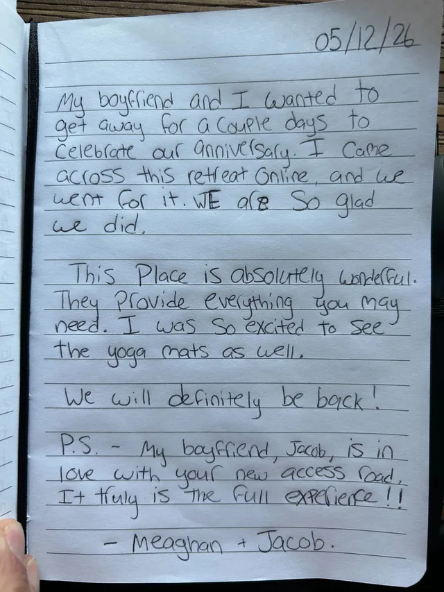 Handwritten guest journal page: 05/12/26 My boyfriend and I wanted to get away for a couple days to Celebrate our anniversary. I cam