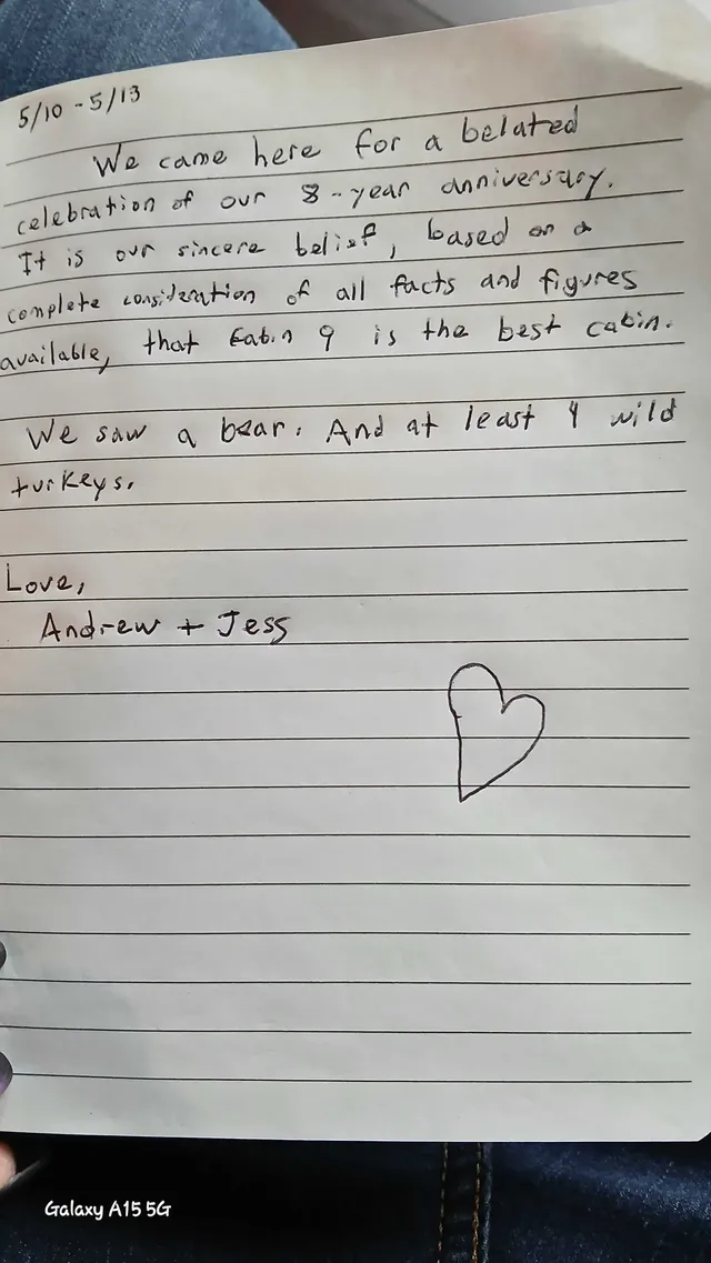 Handwritten guest journal page: 5/10 - 5/13 We came here for a belated celebration of our 8-year anniversary. It is our sincere beli
