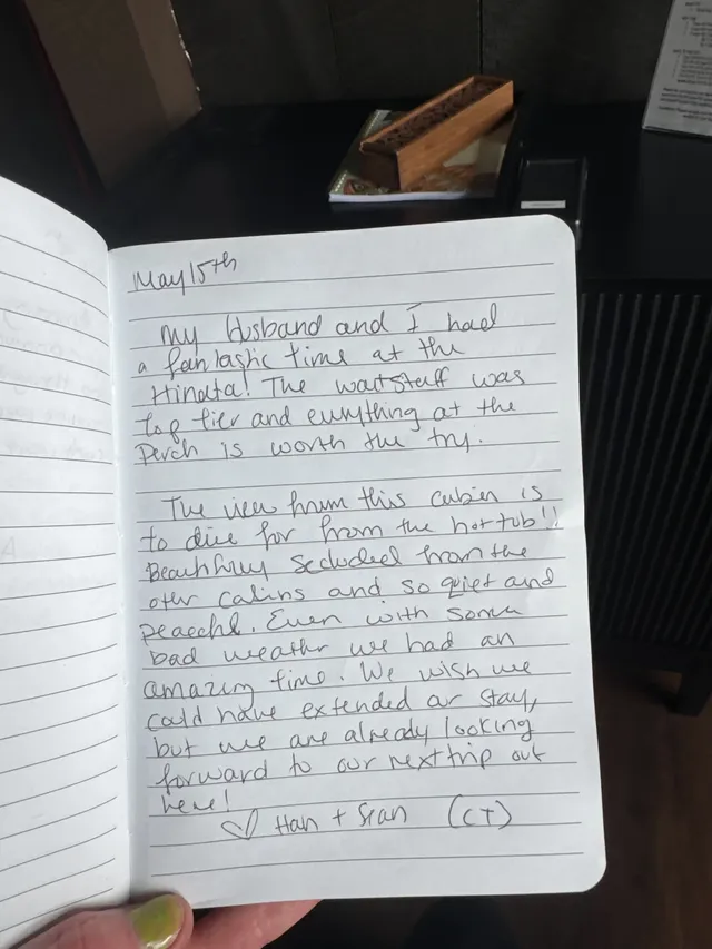 Handwritten guest journal page: May 15th my Husband and I had a fantastic time at the Hinata! The waitstaff was top tier and everyth