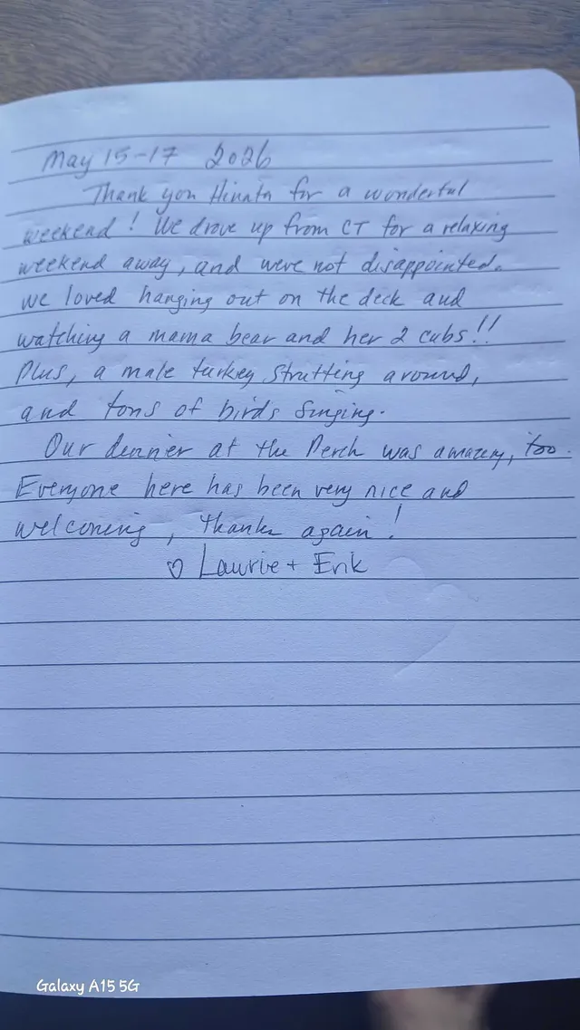 Handwritten guest journal page: May 15-17 2026 Thank you Hinata for a wonderful weekend! We drove up from CT for a relaxing weekend 