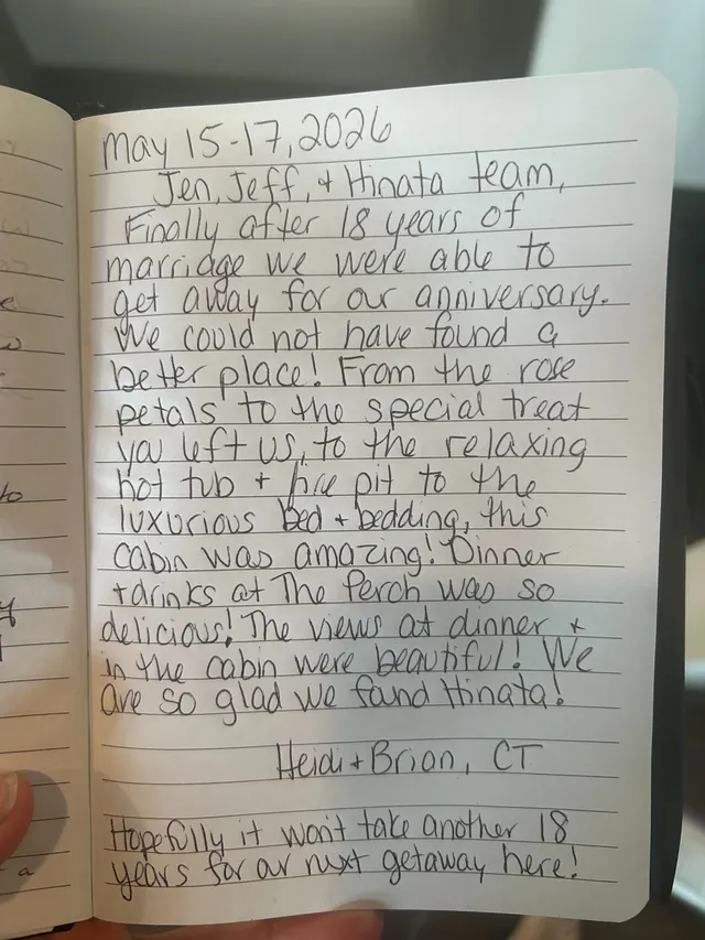 Handwritten guest journal page: May 15-17, 2026 Jen, Jeff, + Hinata team, Finally after 18 years of marriage we were able to get awa