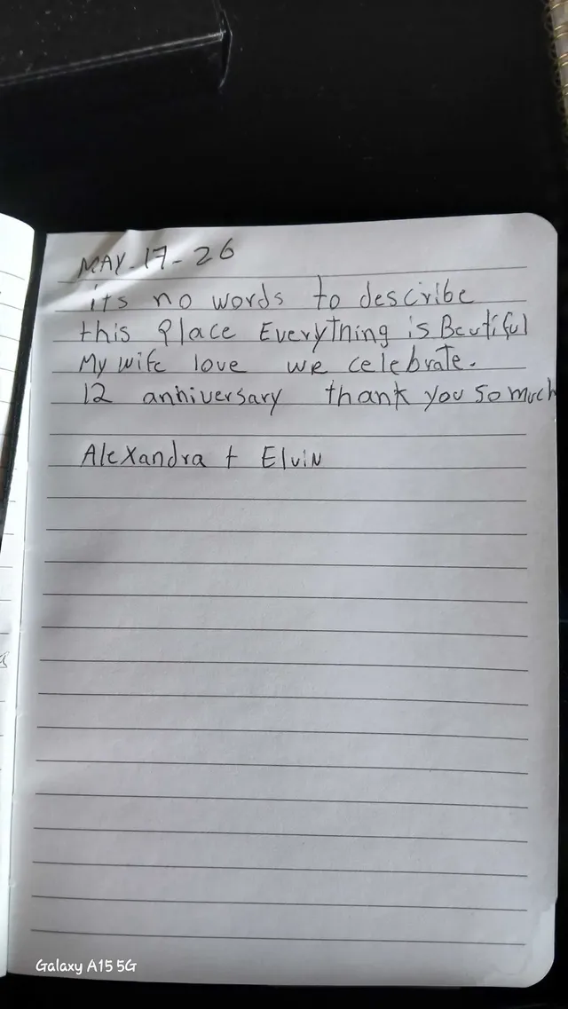 Handwritten guest journal page: MAY-17-26 its no words to describe this Place Everything is Beutiful My wife love we celebrate. 12 a