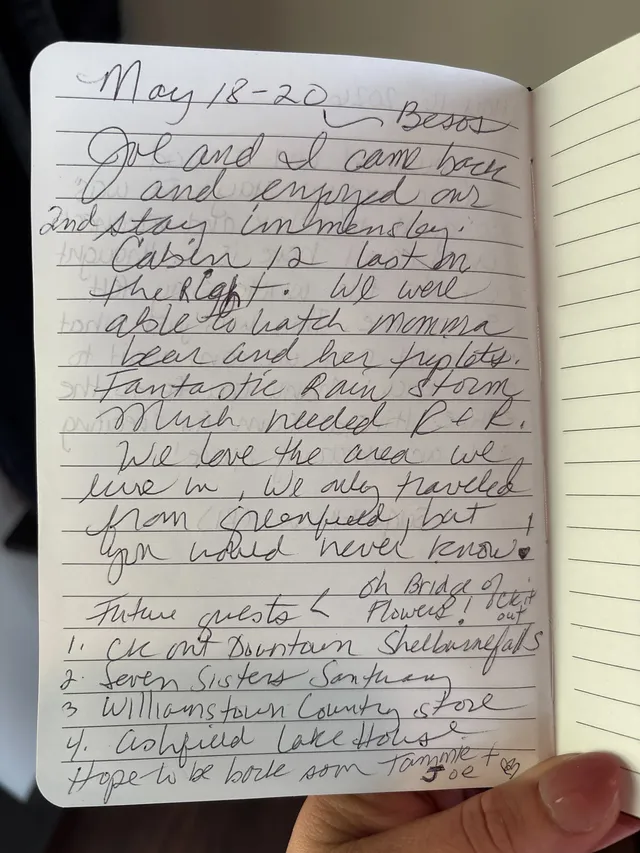 Handwritten guest journal page: May 18-20 Besos Joe and I came back and enjoyed our 2nd stay immensley. Cabin 12 last on the right. 