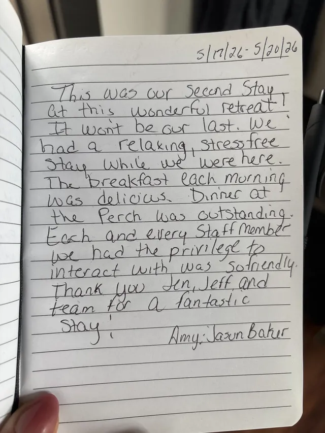 Handwritten guest journal page: 5/17/26 - 5/20/26 This was our second stay at this wonderful retreat! It won't be our last. We had a